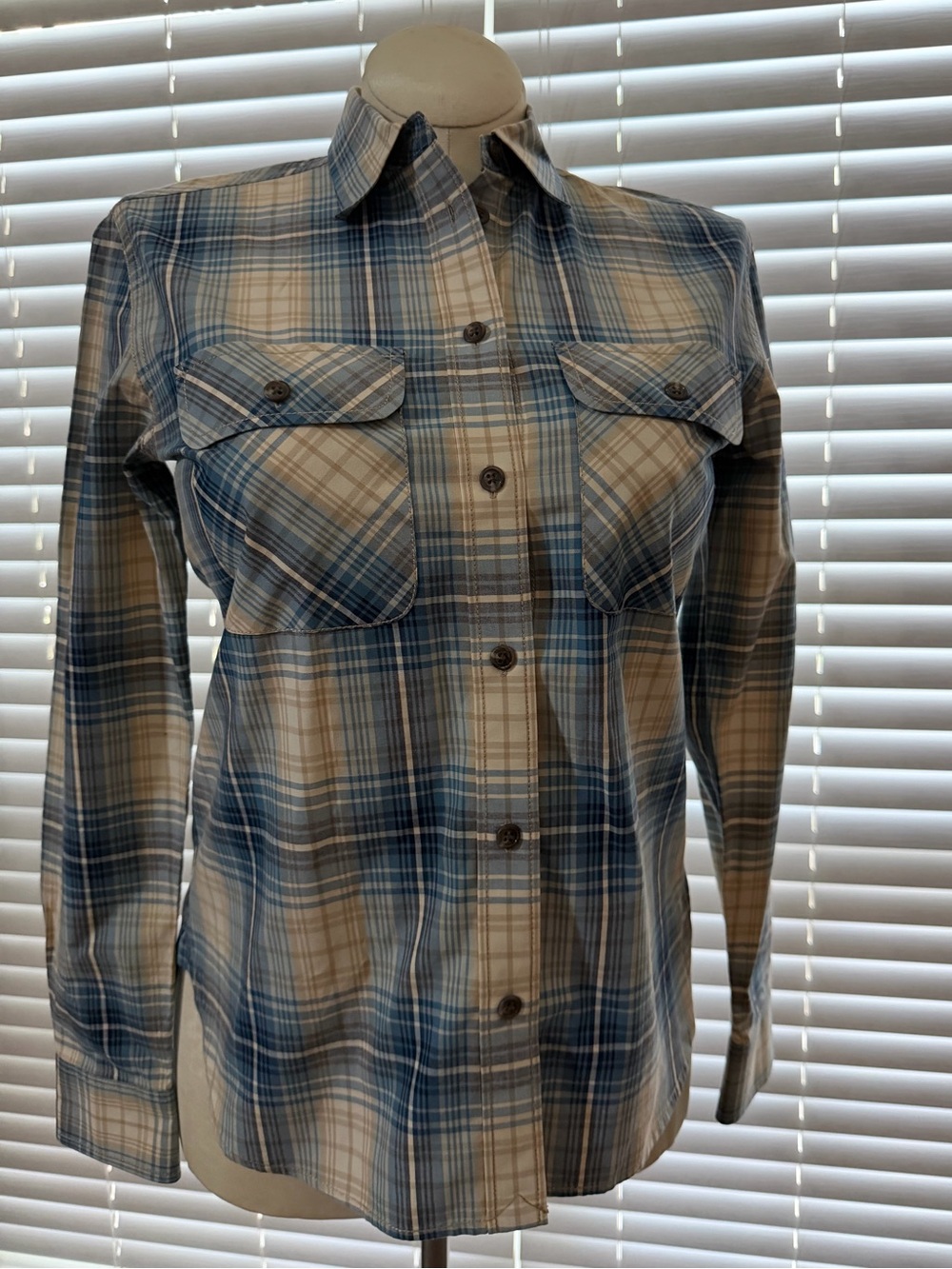 Ralph Lauren Jeans Co Sz S Plaid Button Down Shirt Cotton Blue Tan Flap Pocket